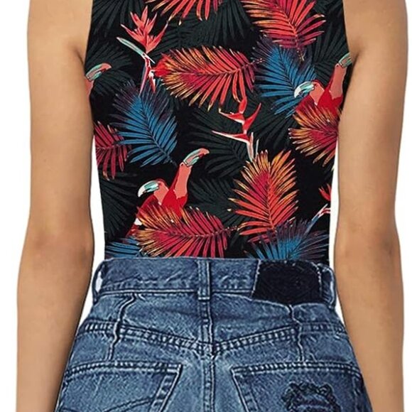 MANGOPOP Women's Mock Turtle Neck Sleeveless Tank Tops Bodysuit Toucans - Picture 3 of 7